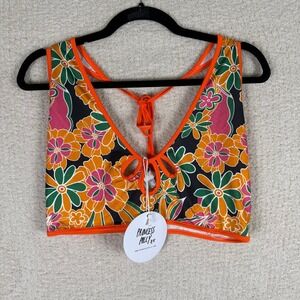 Princess Polly Floral Print Crop Top‎ Orange Trim Tie Back Sleeveless